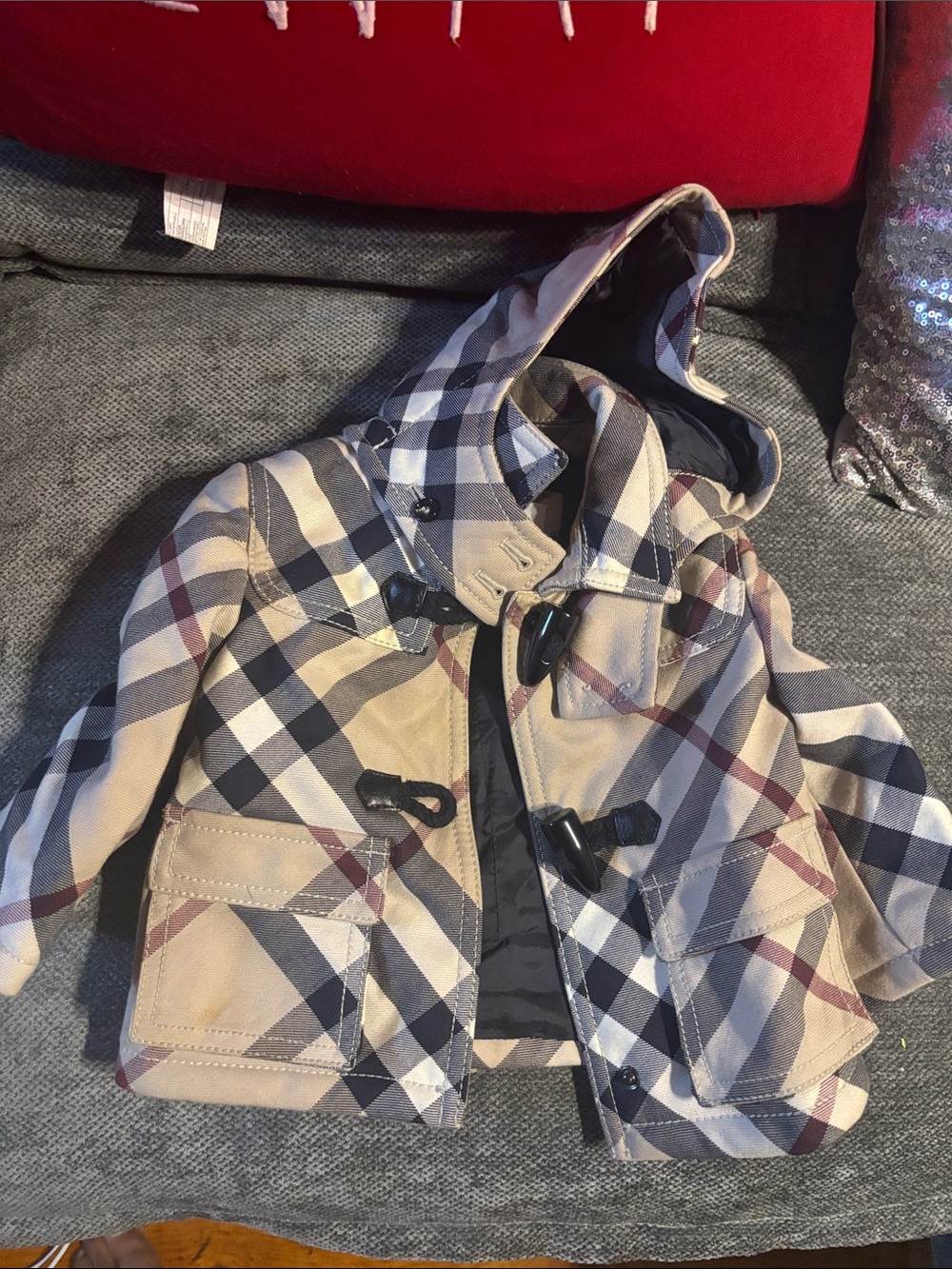 Burberry Beige Plaid Hooded Kids Toggle Coat